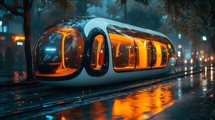 Futuristic Train in Rainy City Night - 3D Illustration