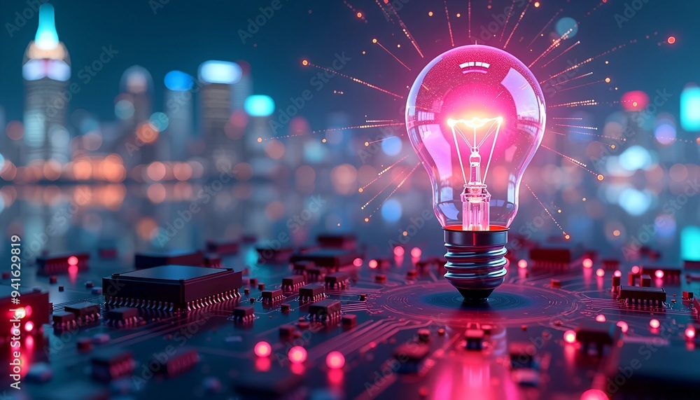 Poster futuristic city skyline with neon lights and circuit board - holographic lightbulb with data visuali