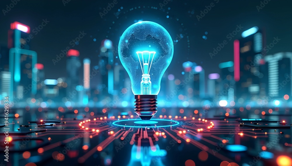 Poster futuristic city skyline with neon lights and circuit board - holographic lightbulb with data visuali