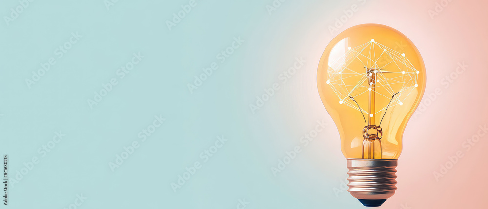 Poster illuminated light bulb with glowing filament, abstract network design inside, colorful background bl