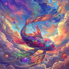 Surreal painting of a koi fish ascending to the heavens.