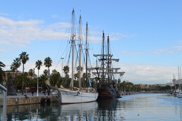 Sailing ships on the Barcelona waterfront near the marina - sightseeing boats in the Mediterranean...