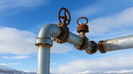 A closed valve on an oil pipeline, symbolizing halted production, economic recession, energy crisis, resource scarcity, and potential environmental impact.