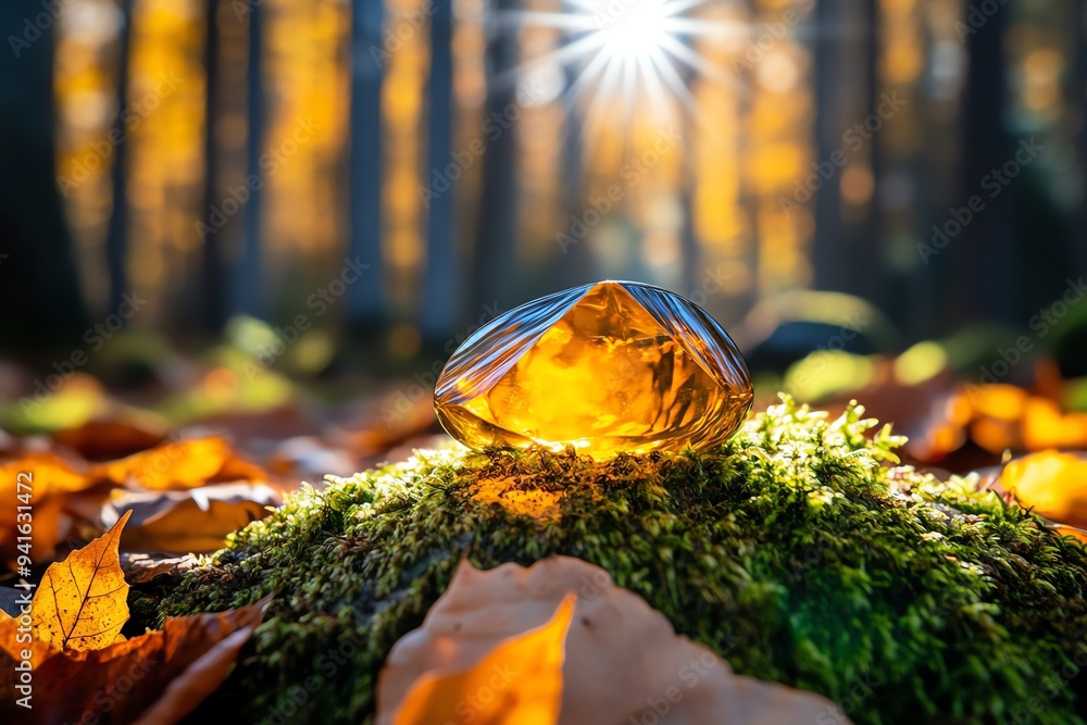 Poster a piece of amber embedded in a forest environment, surrounded by moss and fallen leaves, with sunlig
