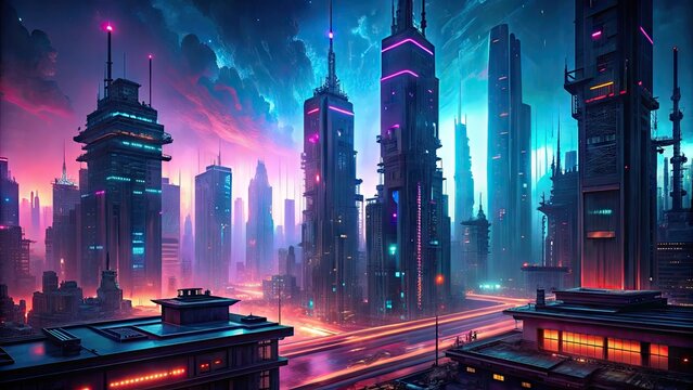 Cyberpunk Nightline: Dark, atmospheric cityscapes with neon lights casting a futuristic and enigmatic glow.