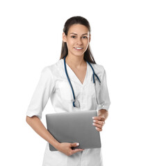 Portrait of smiling nurse with laptop on white background