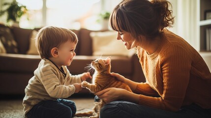 A joyful encounter between a toddler and a cat in a cozy living room during afternoon sunlight