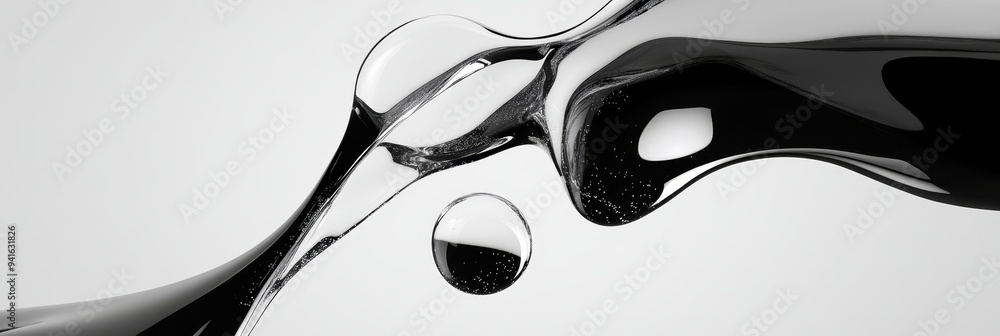 Poster a close-up, black and white photograph showcasing the fluidity and dynamic form of liquid. the image