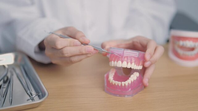 Dentist with tooth Anatomy model. Oral Teeth and disease, Scrape off tartar. March Oral health, Dentist Day, False Teeth. Toothache and Children Dental Health Month and Orthodontic Health Day