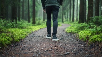 Walking through serene forest path, person in dark clothing enjoys tranquility of nature. lush greenery and misty atmosphere evoke sense of peace and reflection.