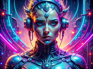 Cyberpunk Sarma Solstice: Futuristic, neon, glowing, metallic textures, sharp edges, cybernetic implants