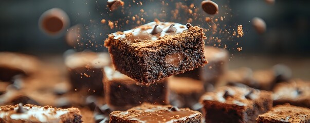 Explosive Chocolate Delight: Fudgy Brownie with Chocolate Chips and Cocoa Dust In Mid-Air, Highlighting a Decadent and Indulgent Dessert Experience