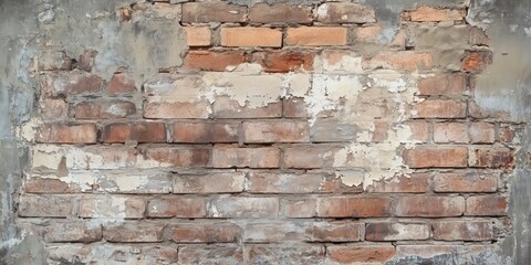 Obraz premium A textured wall featuring exposed bricks and peeling paint.