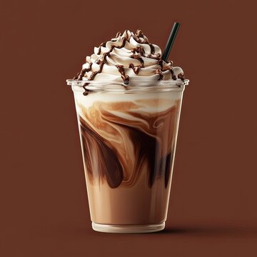 Mocha frappe in plastic cup with whipping cream and chocolate sauce topping. Sweet favorite coffee menu.