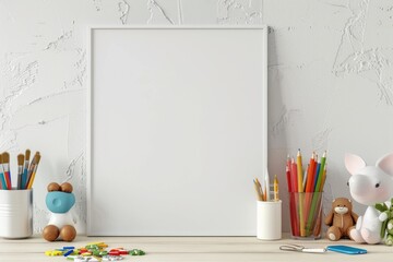 Blank Canvas with Colorful Toys, Pencils, and Plant on Wooden Table in Kid's Playroom