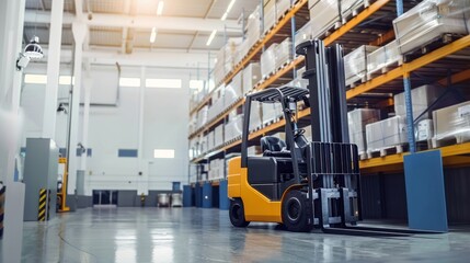 Side loader forklift placing materials onto a rack in a warehouse