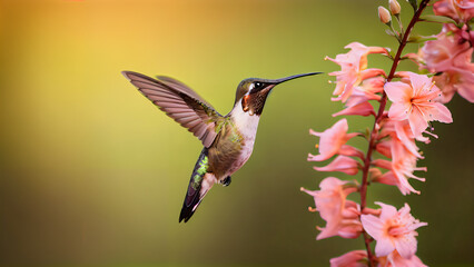 Naklejka premium Dynamic flight of a hummingbird with blurred wings and a sharp focus on the body, hovering near a branch with pink flowers, with bright green and white plumage, brownish gray underparts and iridescent