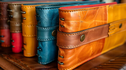 Closeup of Leatherbound Journals with Colorful Covers - Realistic Photo