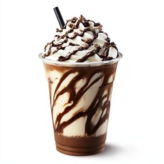 Mocha frappe in plastic cup with whipping cream and chocolate sauce topping. Sweet favorite coffee menu.