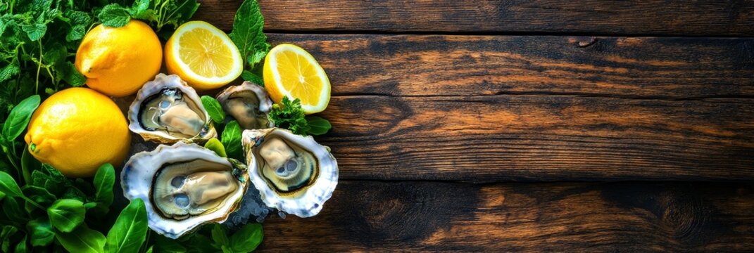 A close-up of fresh oysters garnished with herbs and lemon wedges, arranged on a rustic wooden background. The oysters are a symbol of luxury, the lemons symbolize freshness, the herbs symbolize flavo