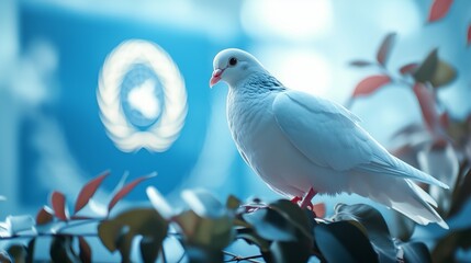 Dove of peace against the background of the UN logo. United Nations Day. White dove with a laurel leaf.