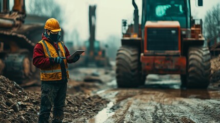 Fototapeta premium A construction worker in a reflective jacket and hard hat uses a tablet to monitor progress on a muddy construction site.