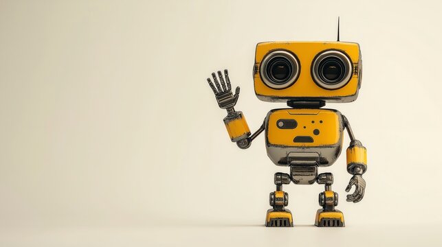 A cheerful yellow robot waving, showcasing a playful design.