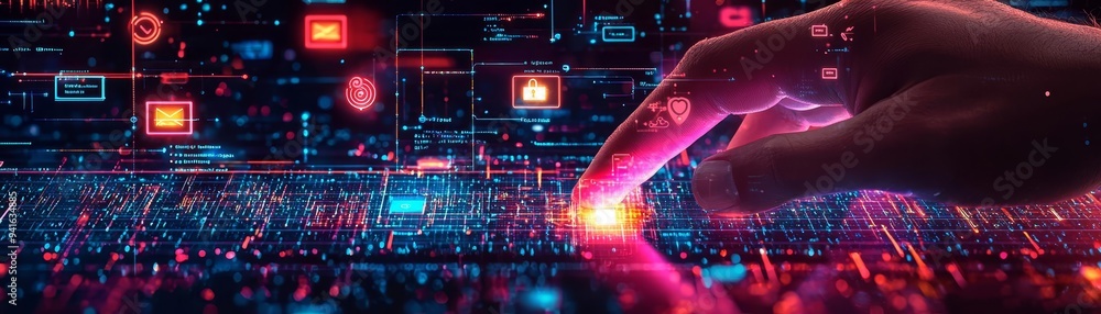 Poster a futuristic hand interacts with a digital interface, showcasing advanced technology and vibrant dat