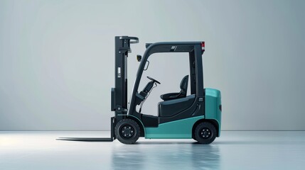 Side view of an electric forklift transporting goods in a distribution center