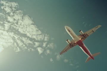 Obraz premium An airplane soars through a clear blue sky with fluffy white clouds
