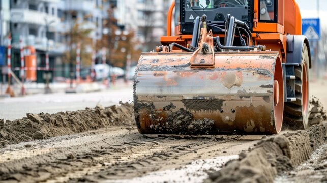 Single drum roller compacting soil on a construction site