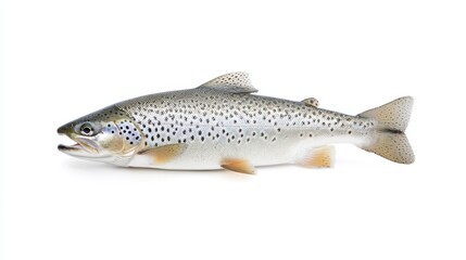 Obraz premium A close-up photograph of a fresh, whole Black Sea Trout, displayed on a pristine white background. The fish is positioned horizontally, showcasing its detailed scales and vibrant colors. It represent