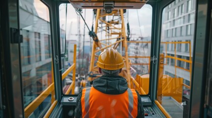 Skilled tower crane operator controlling the crane from the cab