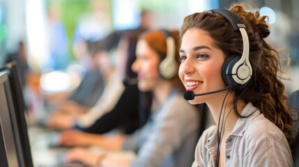 Smiling young female call center operator wearing a headset, working in a modern office environment. Team of customer service representatives in the background focused on their tasks.
