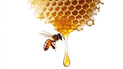 Honeycomb Harvest: A single bee diligently gathers honey from a dripping honeycomb, showcasing the intricate beauty and natural sweetness of nature.  