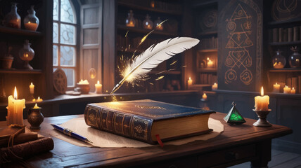 Magic Book with a Magical Pen in a Wizarding Room with Magical Effects