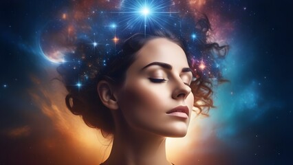 A girl in a named state of meditation, astral travel, lucid dream. Alpha, theta waves.