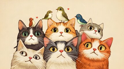 Curious Cats and Feathered Friends: A delightful illustration of a clowder of wide-eyed cats, captivated by the charm of perched birds, evoking a sense of playful curiosity and heartwarming companions