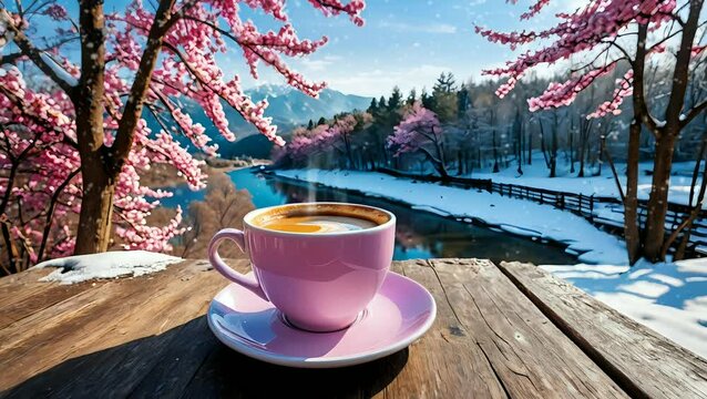 cup of coffee in table with snow. seamless looping time-lapse 4K video background