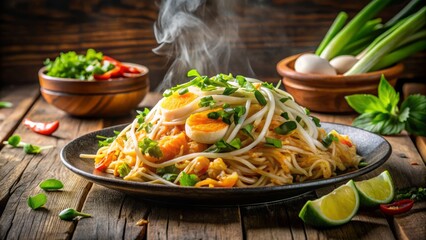 Vibrant morning light cascades onto steaming Pad Thai Wrapped in Egg, tilted at 20 degrees, with bright golden yolks, fresh herbs, and garnishes, on rustic wooden board.