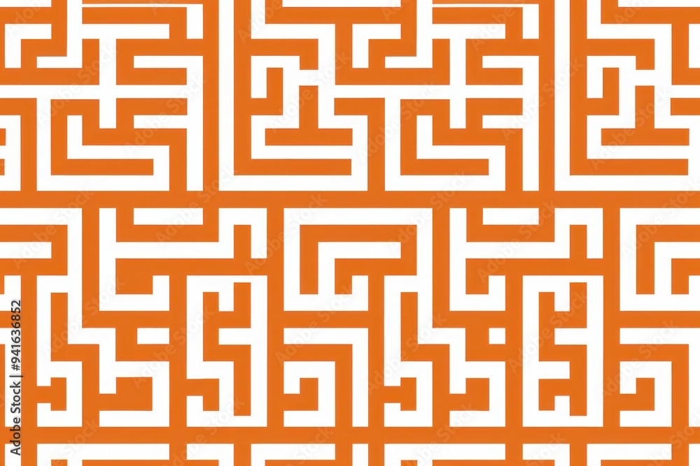 Poster abstract maze pattern in orange and white colors, featuring intricate geometric shapes and pathways 
