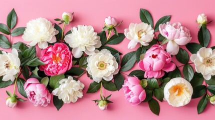 Pink peonies roses on white background with copy space abstract natural floral frame layout with text space romantic feminine composition wedding invitation concept.
