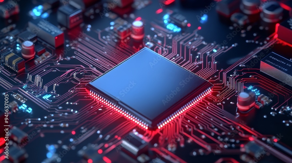 Poster a close-up shot of a computer chip on a circuit board. the chip is illuminated in red and blue, symb