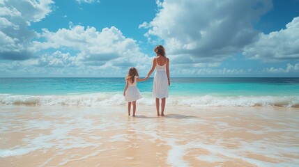 A mother and daughter enjoy a serene moment by the ocean under a bright sky on a warm summer day