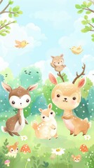 Adorable Deer Family In Forest Illustration.