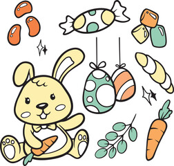 Happy Easter Doodle Set, Cute Hand Drawn Collection. Adorable hand-drawn Easter doodle set with bunnies, eggs, and spring flowers. Ideal for creating charming holiday designs, cards, and decorations.