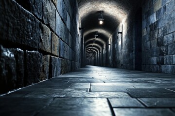 A dimly lit stone corridor exudes a mysterious and eerie ambiance, reminiscent of medieval times, inviting a sense of curiosity and adventure through its cold, dark passage.