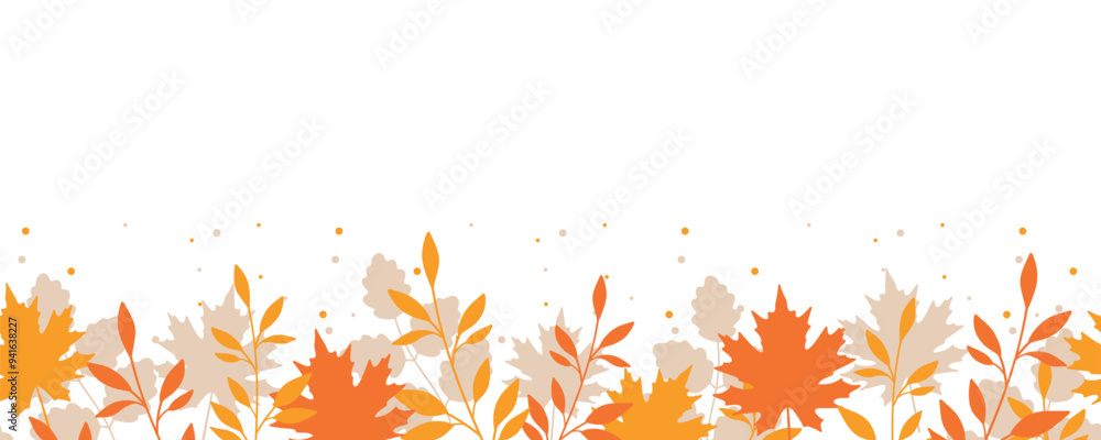 Wall mural autumn border with orange and yellow leaves. seamless horizontal pattern with simple leaf silhouette