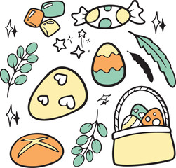 Happy Easter Doodle Set, Cute Hand Drawn Collection. Adorable hand-drawn Easter doodle set with bunnies, eggs, and spring flowers. Ideal for creating charming holiday designs, cards, and decorations.