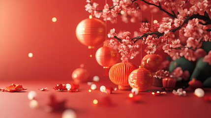 Woman hand holding pow or red packet, orange and gold ingots on a red background